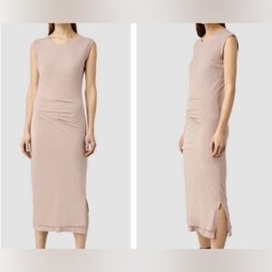 410. All Saints Gamma Sleeveless Midi Dress In Soft Nude W/ Side Ruches